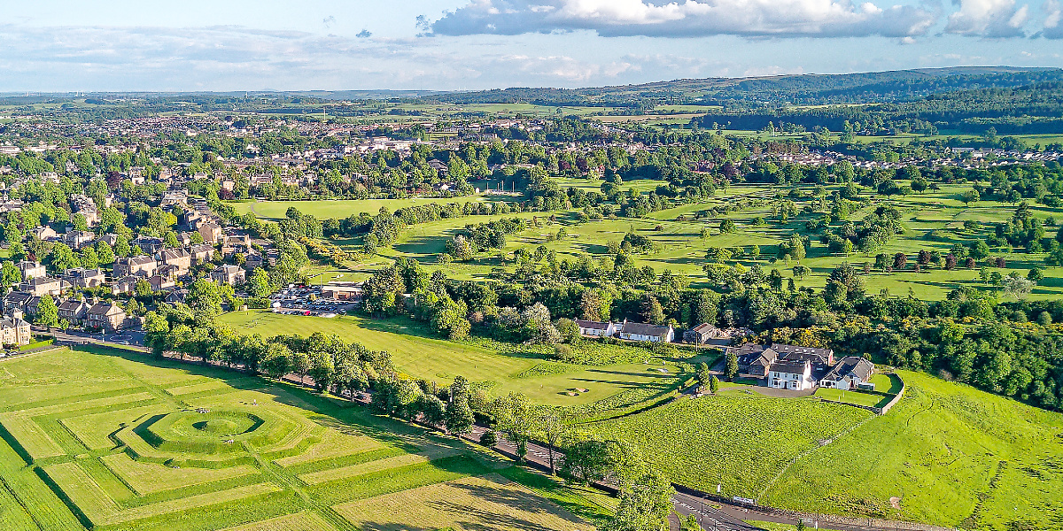 Aerial view of The King’s Knot, Stirling looking across to the course at Stirling Golf Club